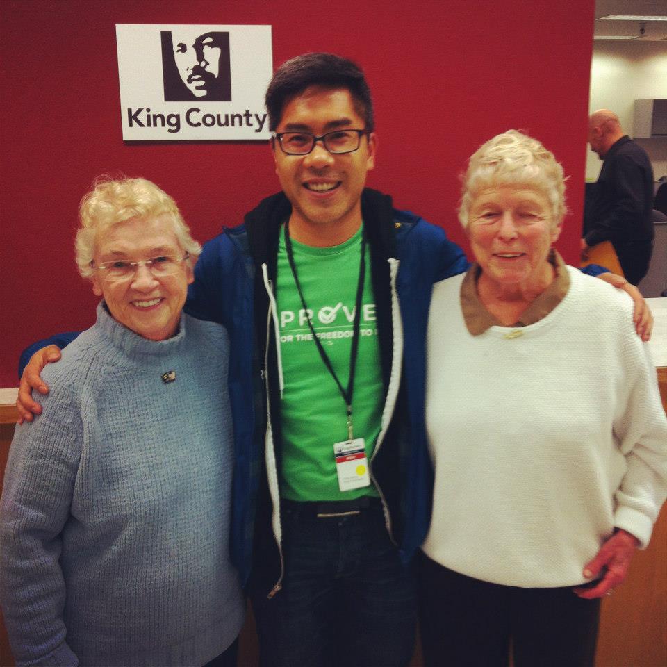 Pete-e, Philip, and Jane: First in line for a marriage certificate in King County.