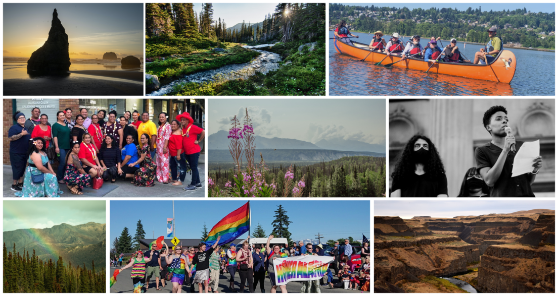 Pictured: NW landscapes, interspersed with photos of 2020 grantees [clockwise from top] SAGE Metro Portland, Inclusive Idaho, Kachemak Bay Family Planning Clinic, and UTOPIA Seattle.